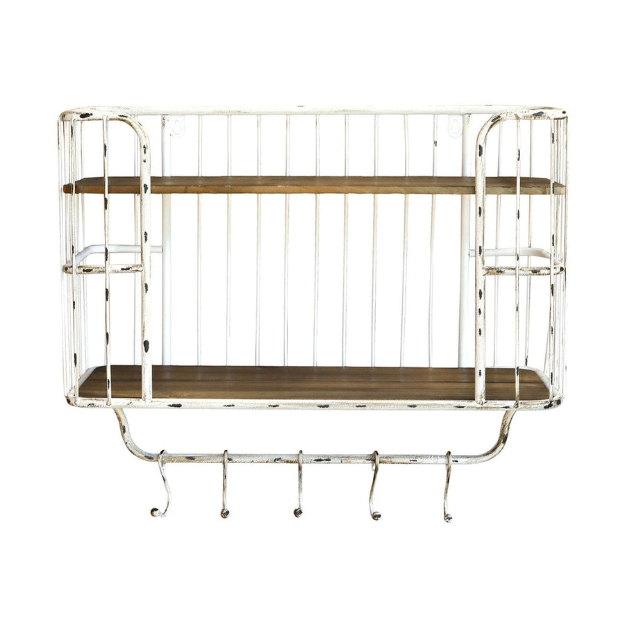 Loft stílusú, 52 cm hosszú, antikolt felületű, fém fogasokkal felszerelt konyhai falipolc.