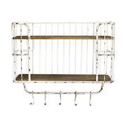 Loft stílusú, 52 cm hosszú, antikolt felületű, fém fogasokkal felszerelt konyhai falipolc.