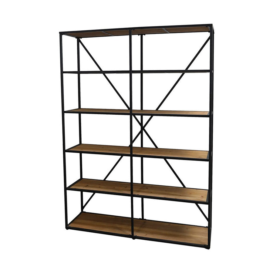 Loft stílusú, 145 cm hosszú és 200 cm magas, antik fekete színű fém könyvespolc 5 db fa polccal