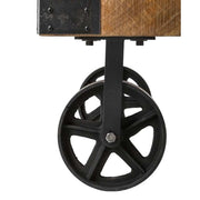 Natúr színű, tömör mangófából készült, 117 cm hosszú és 34 cm magas, loft stílusú kerekes dohányzóasztal