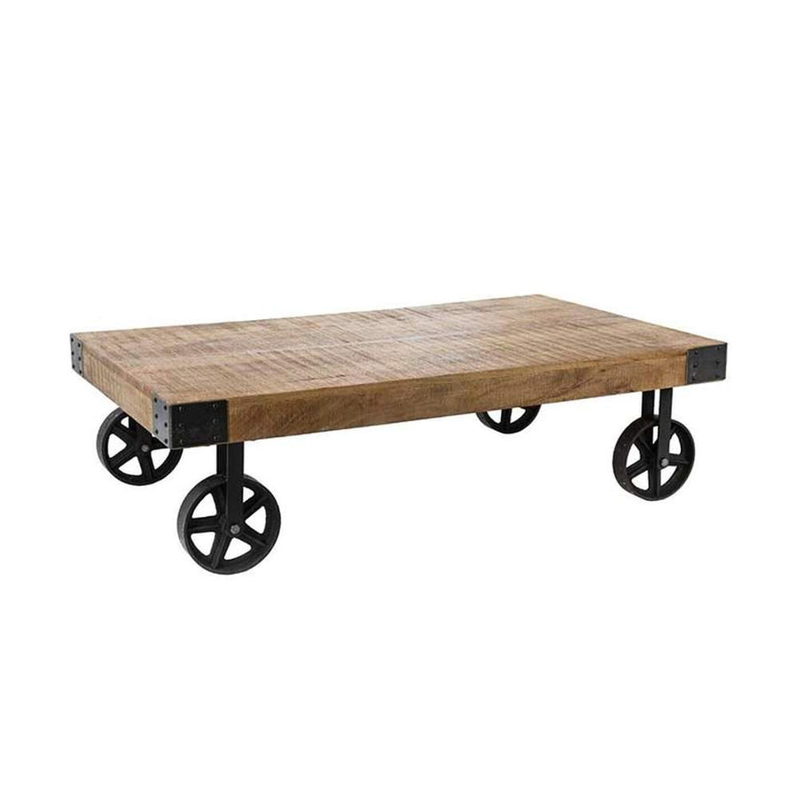 Natúr színű, tömör mangófából készült, 117 cm hosszú és 34 cm magas, loft stílusú kerekes dohányzóasztal