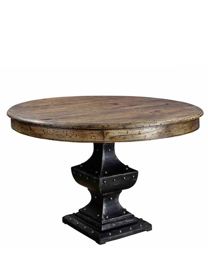 Loft stílusú, 122 cm átmérőjű, mangófából és vasból készült kör formájú étkezőasztal