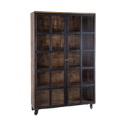 Loft stílusú, mangófából készült, 194 cm magas, 4 polcos, fémkerekekkel felszerelt vitrines szekrény