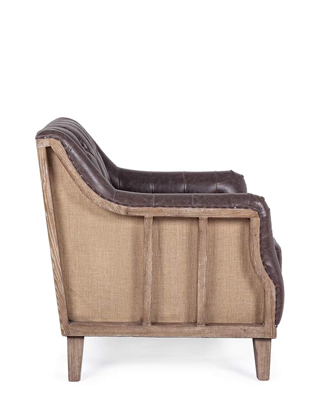 Prémium minőségű, 83 cm hosszú, kőrisfából készült, barna színű műbőrrel kárpitozott, loft stílusú fotel a "Raymond" kollekcióból