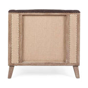 Prémium minőségű, 83 cm hosszú, kőrisfából készült, barna színű műbőrrel kárpitozott, loft stílusú fotel a "Raymond" kollekcióból