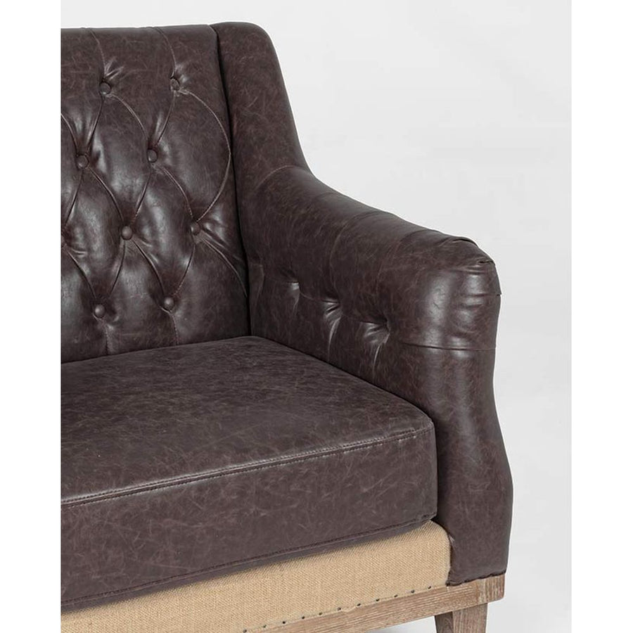 Prémium minőségű, 83 cm hosszú, kőrisfából készült, barna színű műbőrrel kárpitozott, loft stílusú fotel a "Raymond" kollekcióból