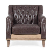 Prémium minőségű, 83 cm hosszú, kőrisfából készült, barna színű műbőrrel kárpitozott, loft stílusú fotel a "Raymond" kollekcióból