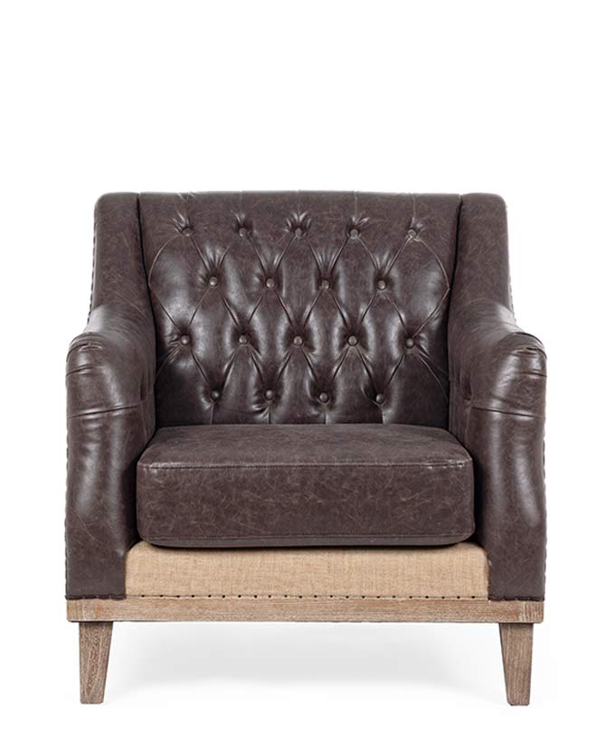 Prémium minőségű, 83 cm hosszú, kőrisfából készült, barna színű műbőrrel kárpitozott, loft stílusú fotel a "Raymond" kollekcióból