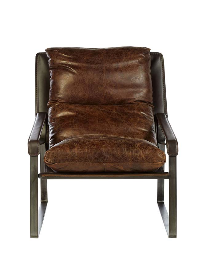Natúr színű vasból készült, barna színű marhabőrrel kárpitozott, kortárs-loft stílusú, formatervezett prémium pihenő fotel.