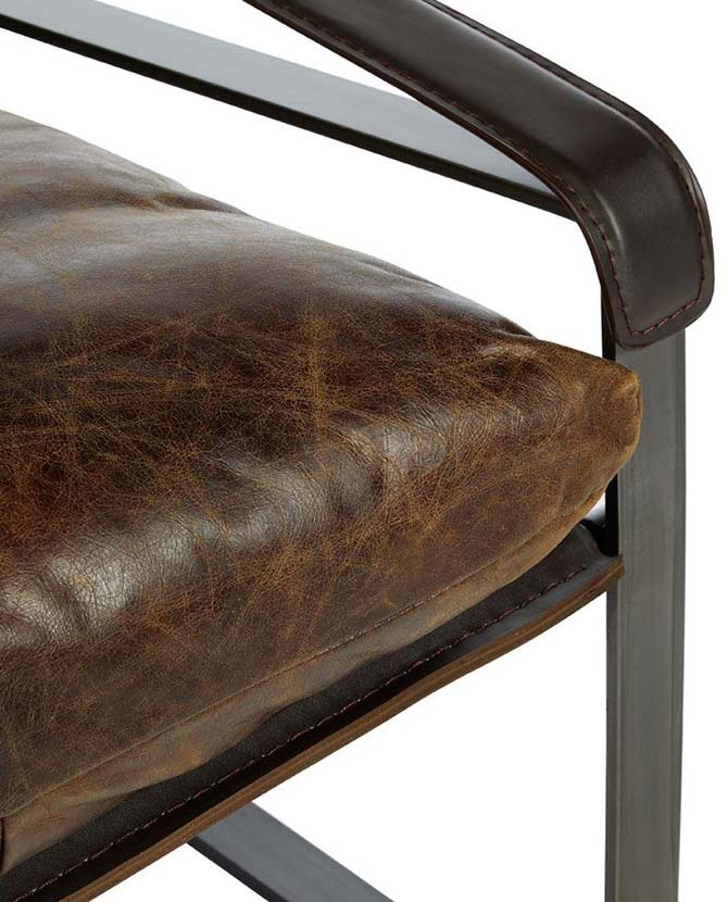 Natúr színű vasból készült, barna színű marhabőrrel kárpitozott, kortárs-loft stílusú, formatervezett prémium pihenő fotel.