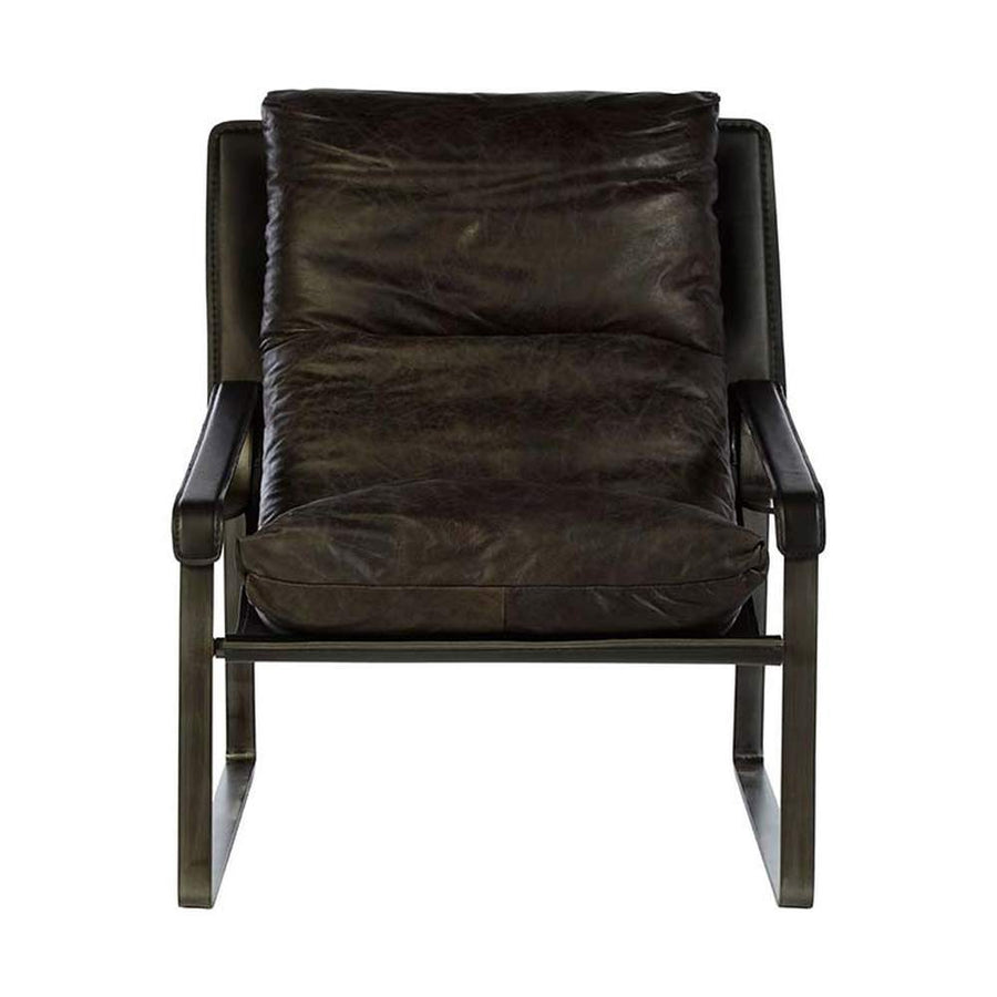 Natúr színű vasból készült, sötétbarna színű marhabőrrel kárpitozott, kortárs-loft stílusú, formatervezett prémium pihenő fotel .