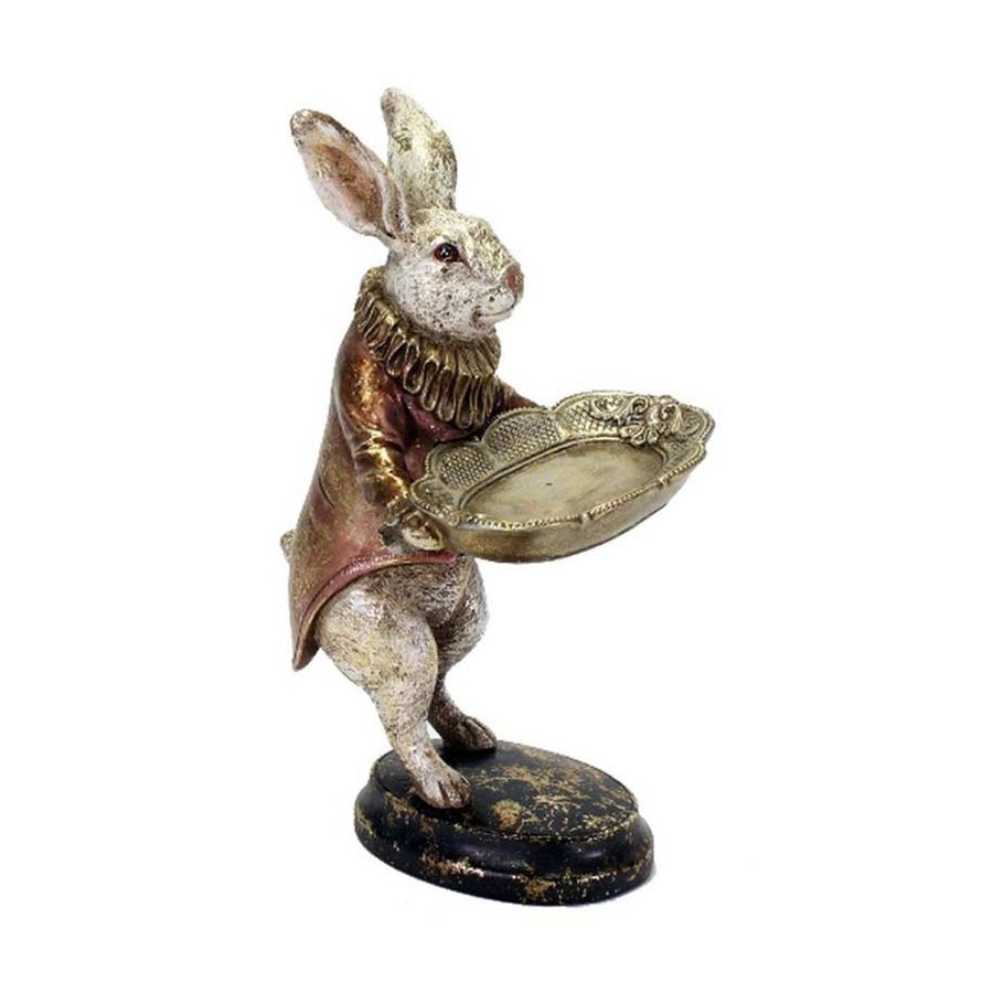 Antikolt felületű, frakkot és spanyolgallért viselő, díszes tálcát tartó nyuszi figura.