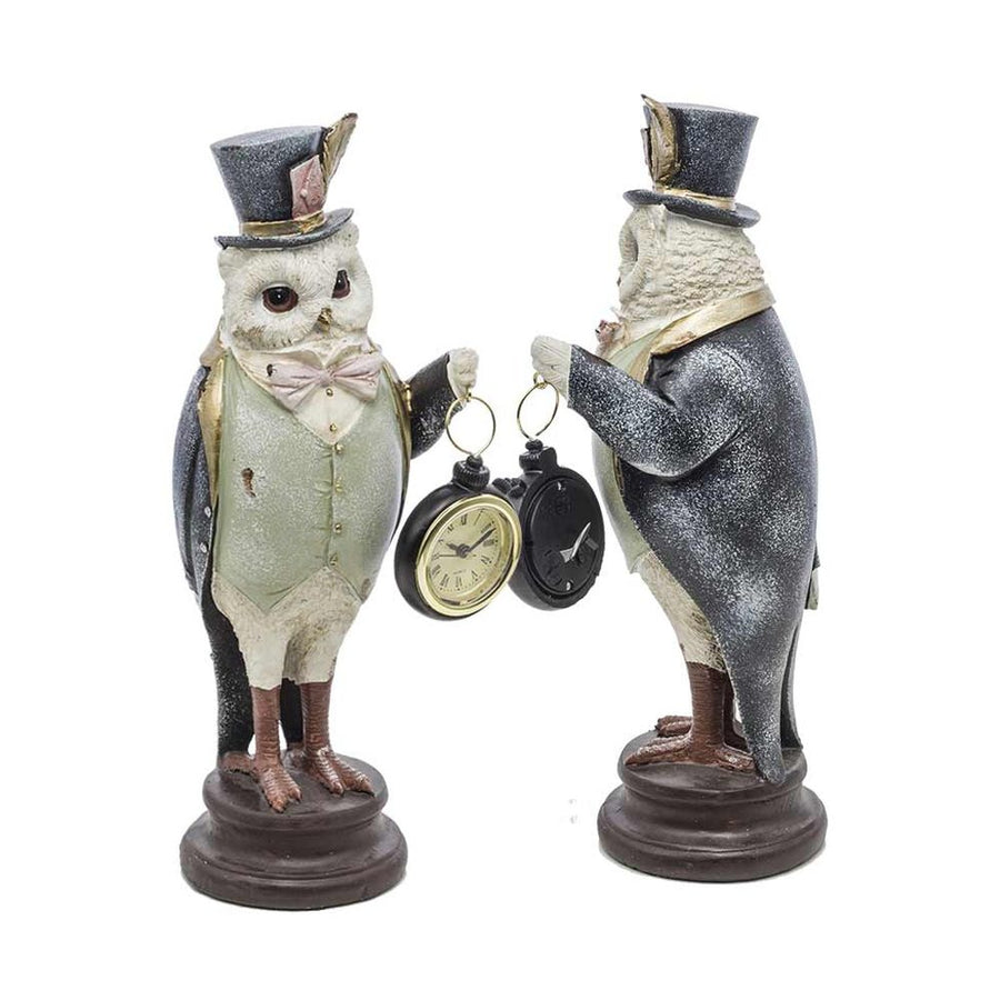 Fub Funky stílusú, cilinderes bagolyfigura órával a kezében