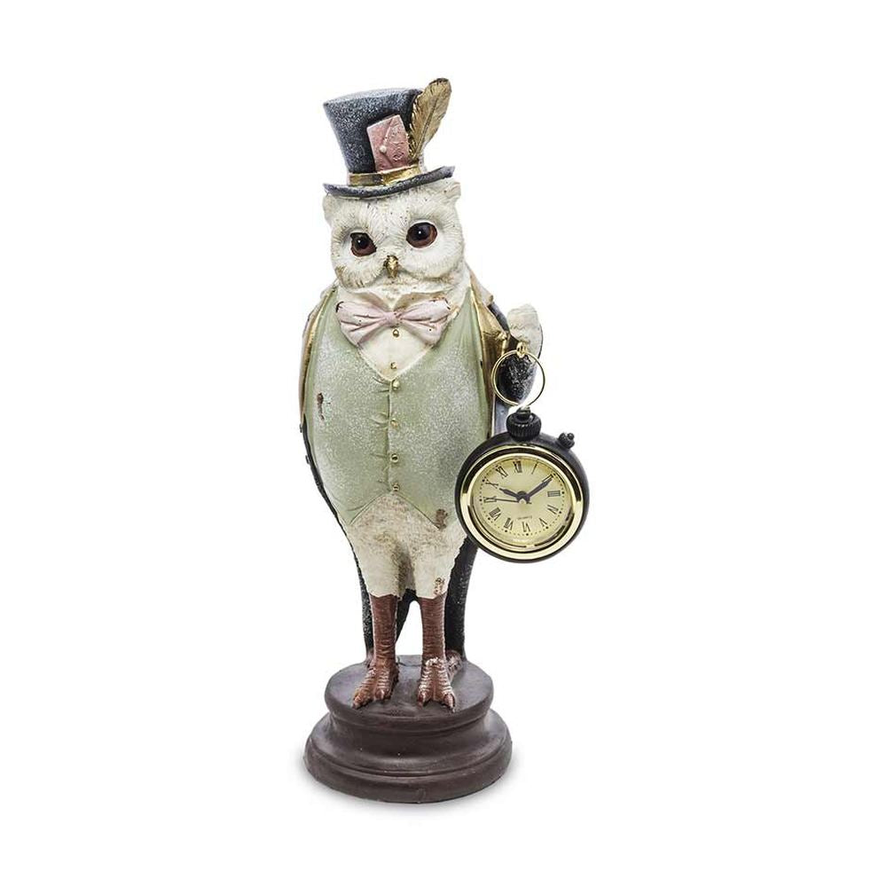 Fub Funky stílusú, cilinderes bagolyfigura órával a kezében