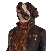 Fub Funky stílusú, antikolt felületű, nagyméretű, 80 cm magas, bordó, barna és antik arany színű, 18. századbeli öltözetet viselő lord kutya figura.