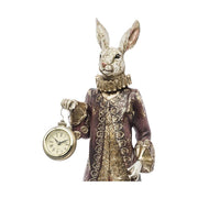 Nagyméretű, 57 cm magas, Fub Funky stílusú, rokokó kosztümös nyuszifigura órával a kezében