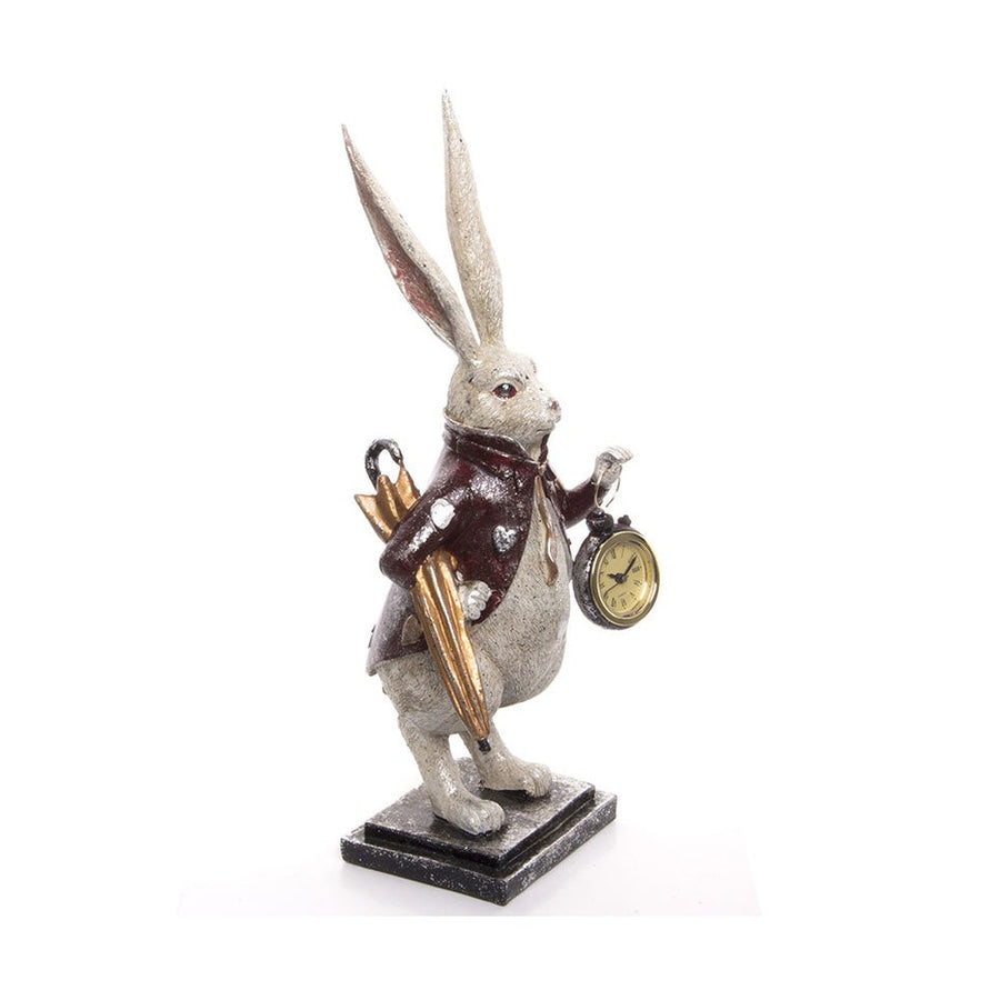 Hosszú fülű nyuszifigura esernyővel és órával a kezében