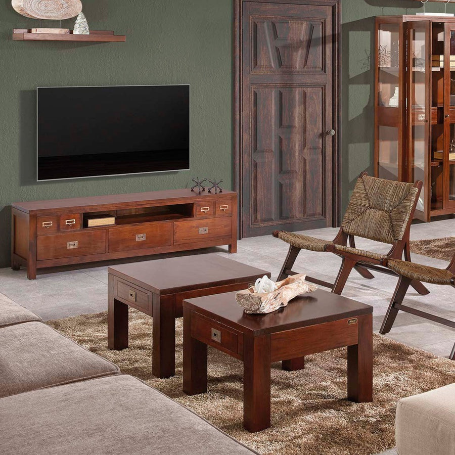 Tömör mahagónifából készült, modern-loft stílusú, kézműves TV szekrény.