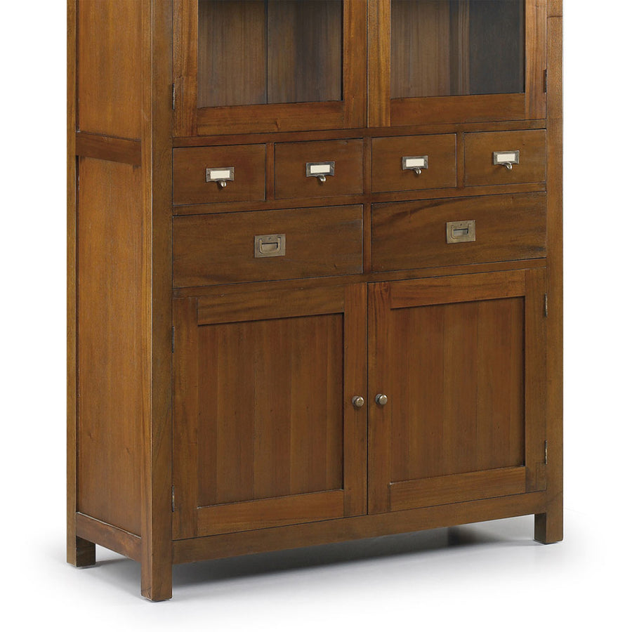 Tömör mahagónifából készült, modern-loft stílusú, kézműves vitrines tárolószekrény.