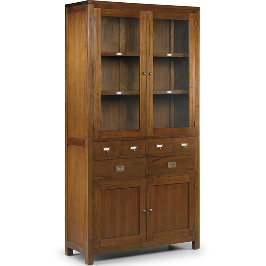 Tömör mahagónifából készült, modern-loft stílusú, kézműves vitrines tárolószekrény.