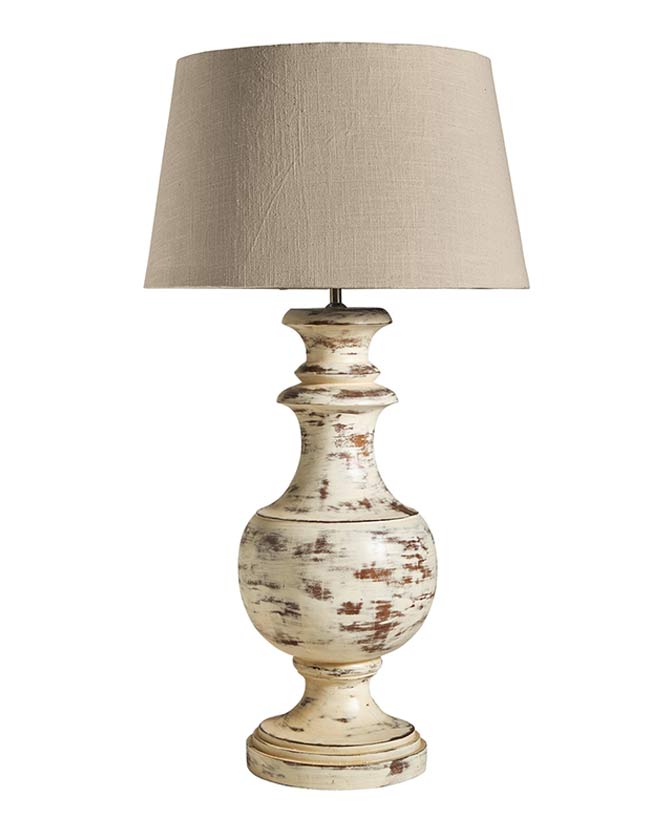Prémium kategóriás, mangófából faragott nagyméretű, antik krém színű asztali lámpa, pamut lámpaernyővel