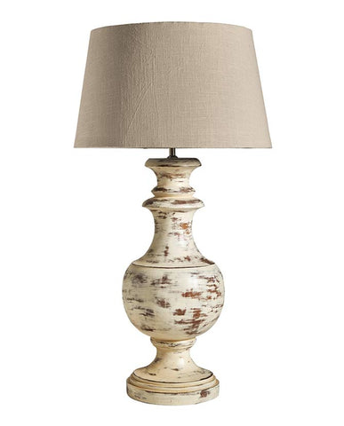 Prémium kategóriás, mangófából faragott nagyméretű, antik krém színű asztali lámpa, pamut lámpaernyővel
