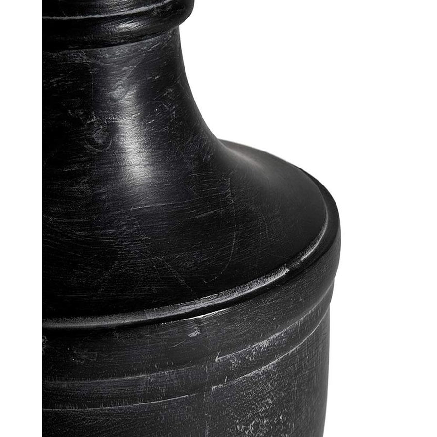 Prémium kategóriás, mangófából faragott nagyméretű, antik fekete színű asztali lámpa, pamut lámpaernyővel