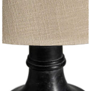 Prémium kategóriás, mangófából faragott nagyméretű, antik fekete színű asztali lámpa, pamut lámpaernyővel