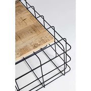 Porfestett, fekete színű acélból készült, natúr színű mangófa tetejű, kortárs, loft stílusú dohányzóasztal.