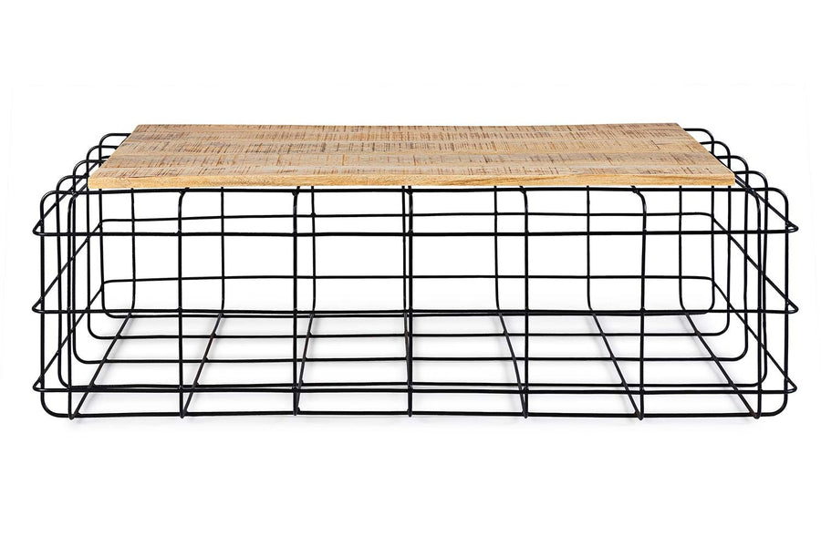 Porfestett, fekete színű acélból készült, natúr színű mangófa tetejű, kortárs, loft stílusú dohányzóasztal.