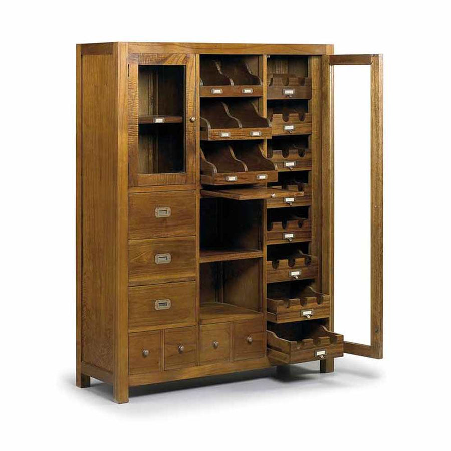 Loft stílusú, mindifából készült kézműves vitrines fiókos bárszekrény.