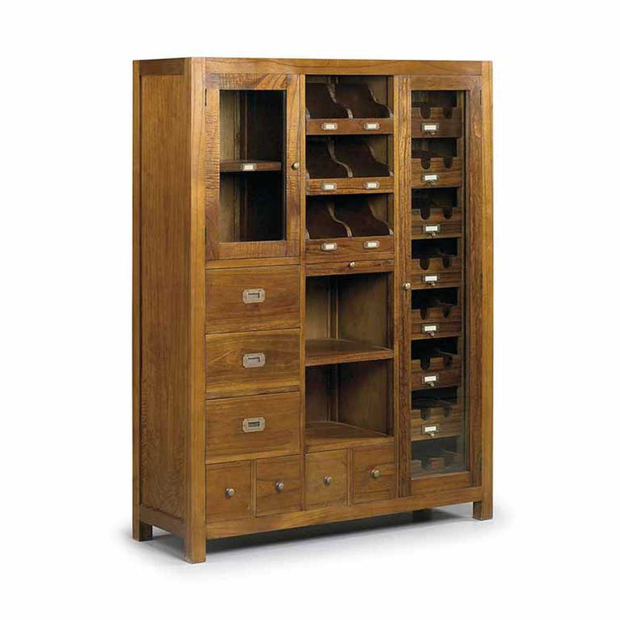 Loft stílusú, mindifából készült kézműves vitrines fiókos bárszekrény.