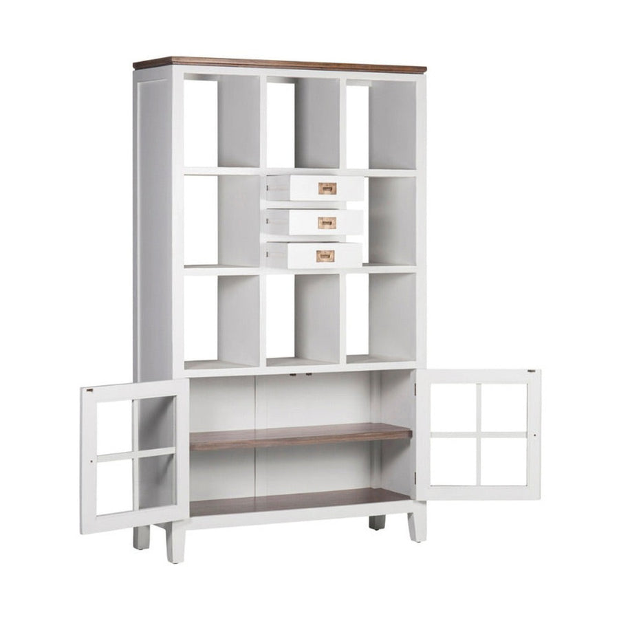 Tömör mindifából készült, modern-vidéki stílusú, 3 fiókos, kézműves könyvespolc.