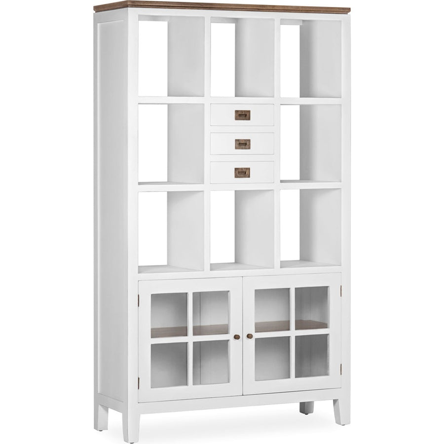 Tömör mindifából készült, modern-vidéki stílusú, 3 fiókos, kézműves könyvespolc.