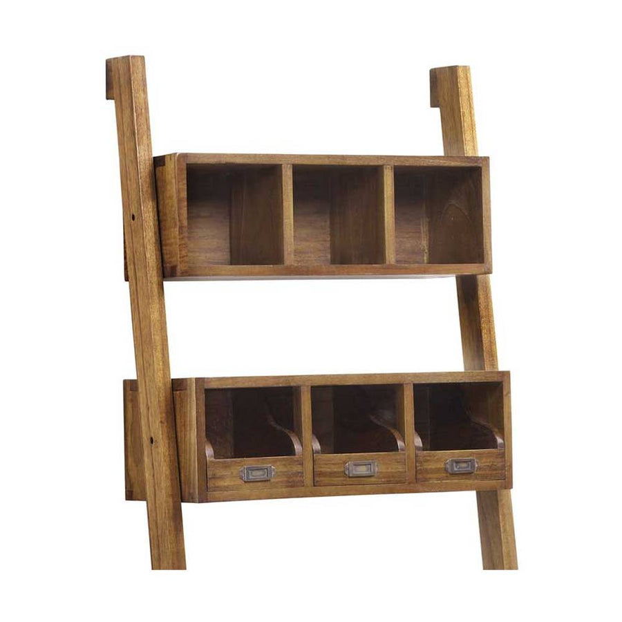 Loft stílusú, mindifából készült, kézműves polcos fiókos állvány polcos részlete.