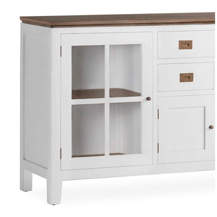 Tömör mindifából készült, modern-vidéki stílusú, kézműves vitrines tálaló.