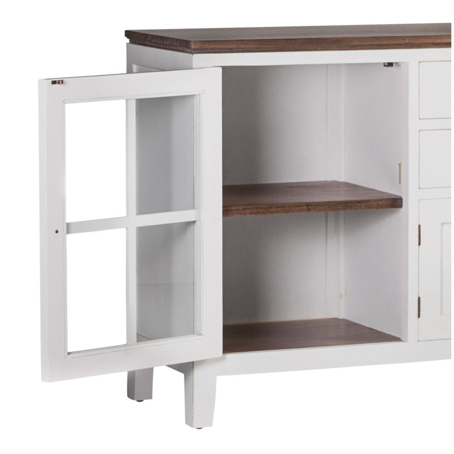 Tömör mindifából készült, modern-vidéki stílusú, kézműves vitrines tálaló.