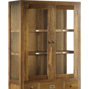 Loft stílusú, mindifából készült kézműves vitrines tárolószekrény üveges része.