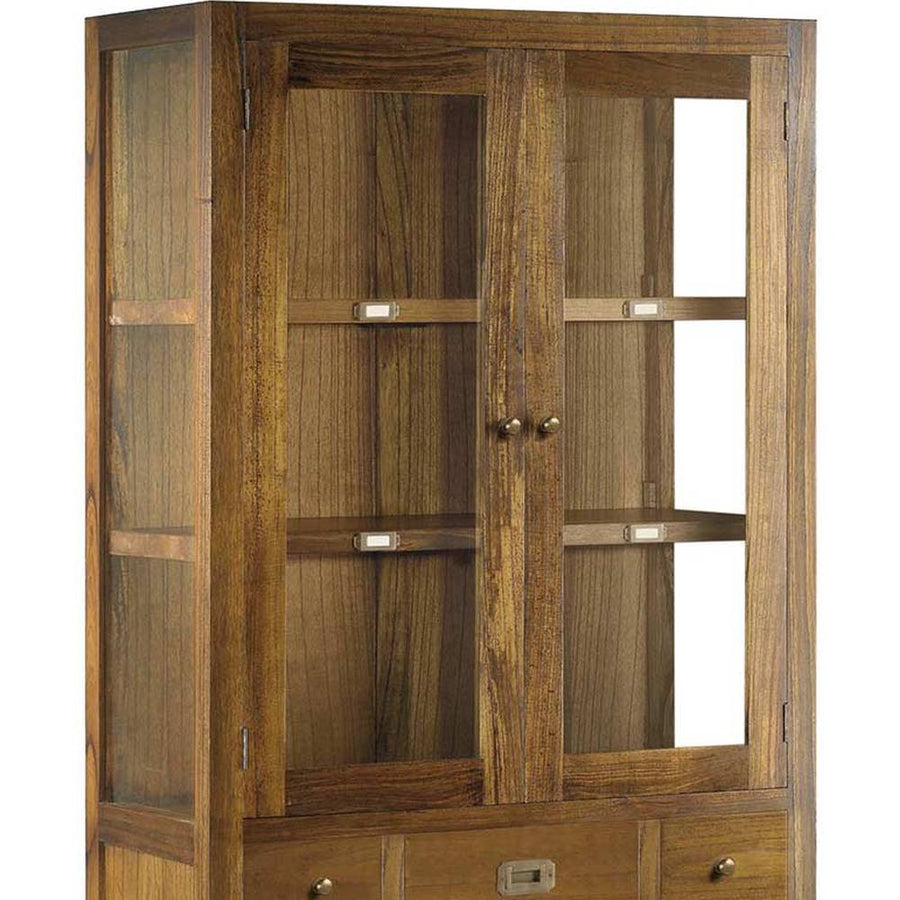 Loft stílusú, mindifából készült kézműves vitrines tárolószekrény üveges része.