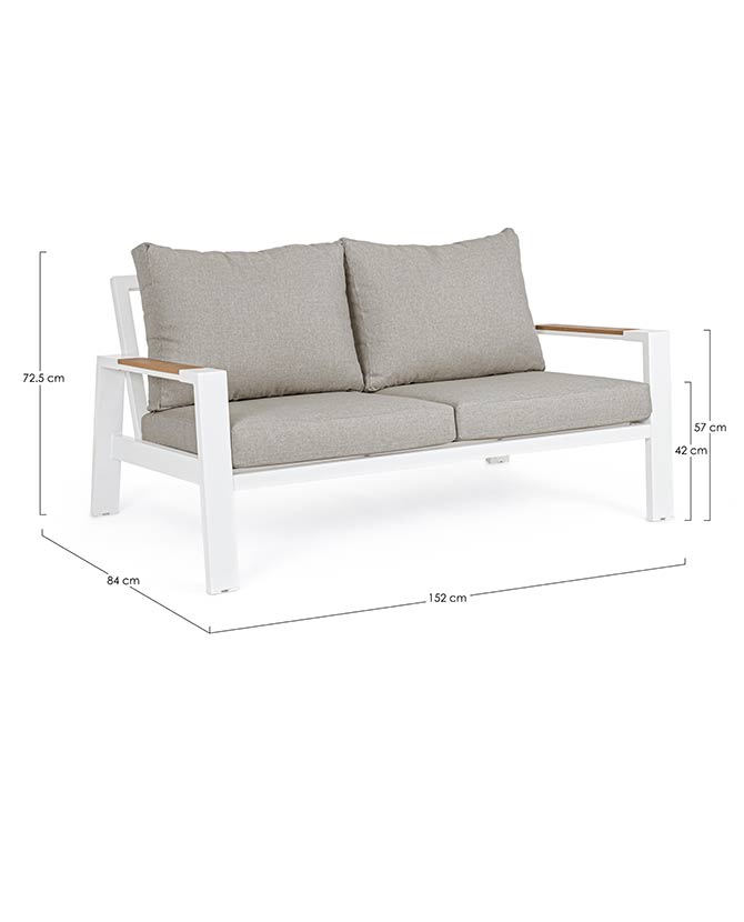 Modern fehér színű kerti kanapé bézs színű ülő és hátpárnákkal., méretekkel ellátott képe. 