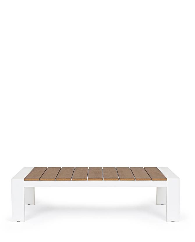 Fehér színű, modern stílusú, polifa betétes kerti dohányzóasztal.