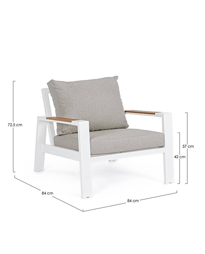 Modern fehér színű kerti fotel polifa betétekkel, mérettel ellátott képe. 