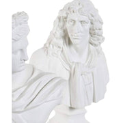 Modern, kortárs stílusú, dekoratív megjelenésű,, fehér színű kisméretű Moliére mellszobor áttetsző akril talapzaton