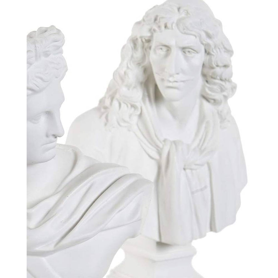 Modern, kortárs stílusú, dekoratív megjelenésű,, fehér színű kisméretű Moliére mellszobor áttetsző akril talapzaton