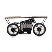 Korabeli versenVintage versenymotor formájú, fekete színű kézműves fém bortartó bárpult fa fedlappal.