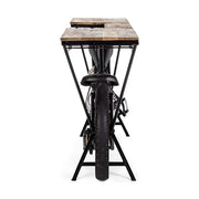 Vintage versenymotor formájú, fekete színű kézműves fém bortartó bárpult fa fedlappal.