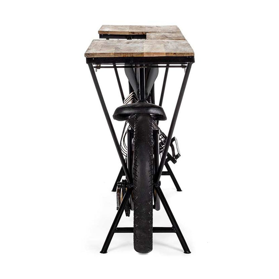 Vintage versenymotor formájú, fekete színű kézműves fém bortartó bárpult fa fedlappal.