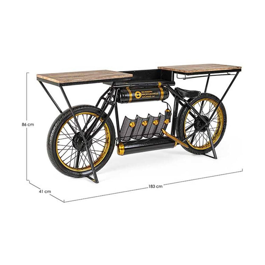 Vintage versenymotor formájú, fekete színű kézműves fém bortartó bárpult fa fedlappal.