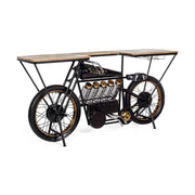 Vintage versenymotor formájú, fekete színű kézműves fém bortartó bárpult fa fedlappal.