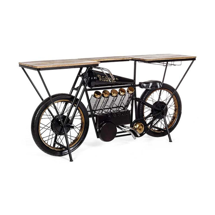 Vintage versenymotor formájú, fekete színű kézműves fém bortartó bárpult fa fedlappal.